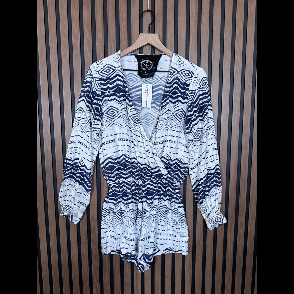 New Blue Life Romper Small Womens Blue Geometric Faux Wrap Long Sleeve One Piece